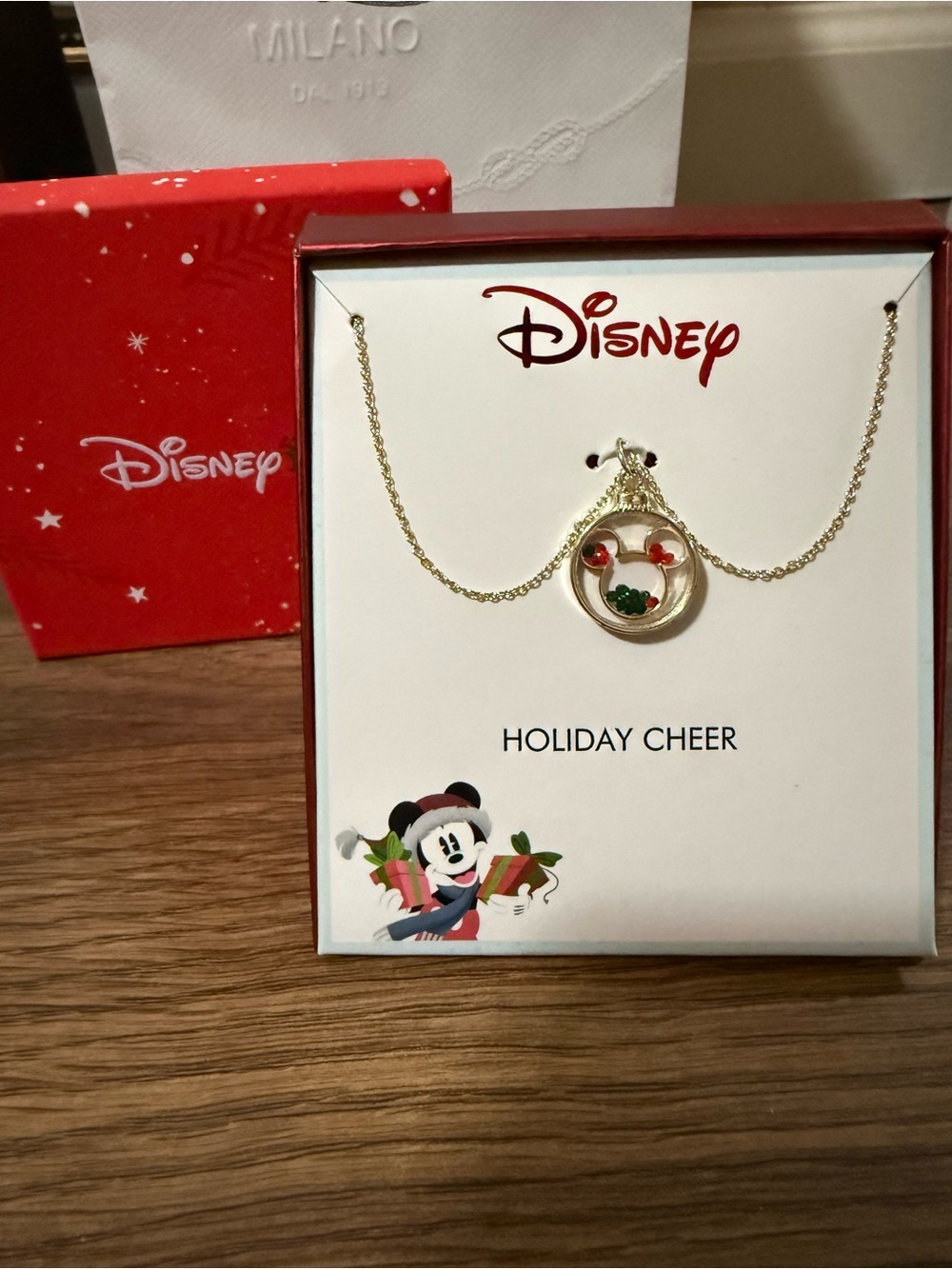 Disney Gold-Tone Mickey Holiday Wreath Necklace with Red and Green Accents